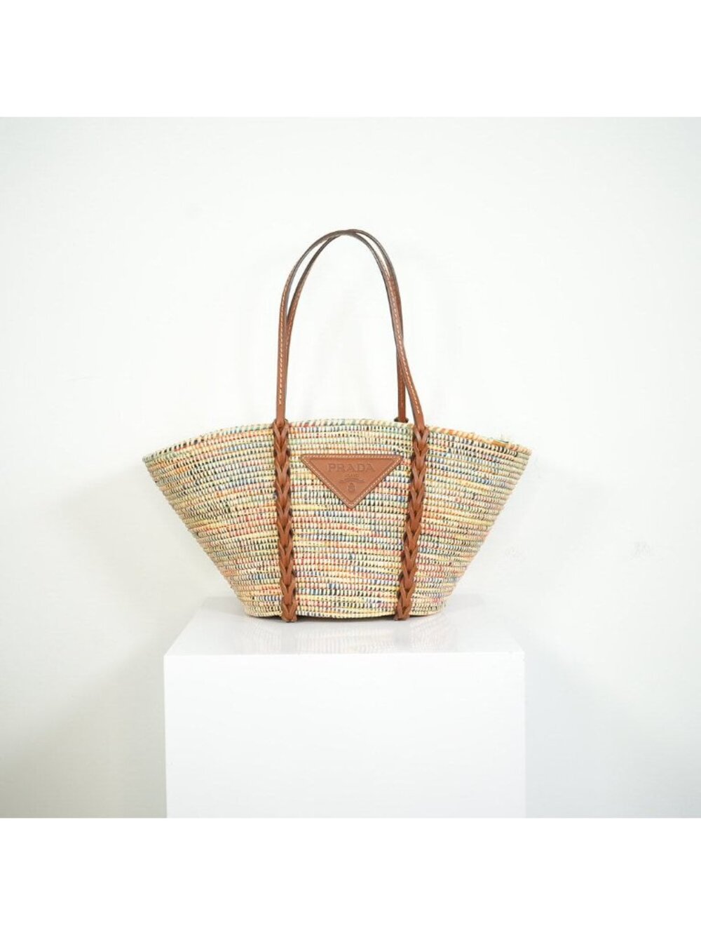 Prada Paglia Vitello Woven Multicolor Raffia Basket Tote